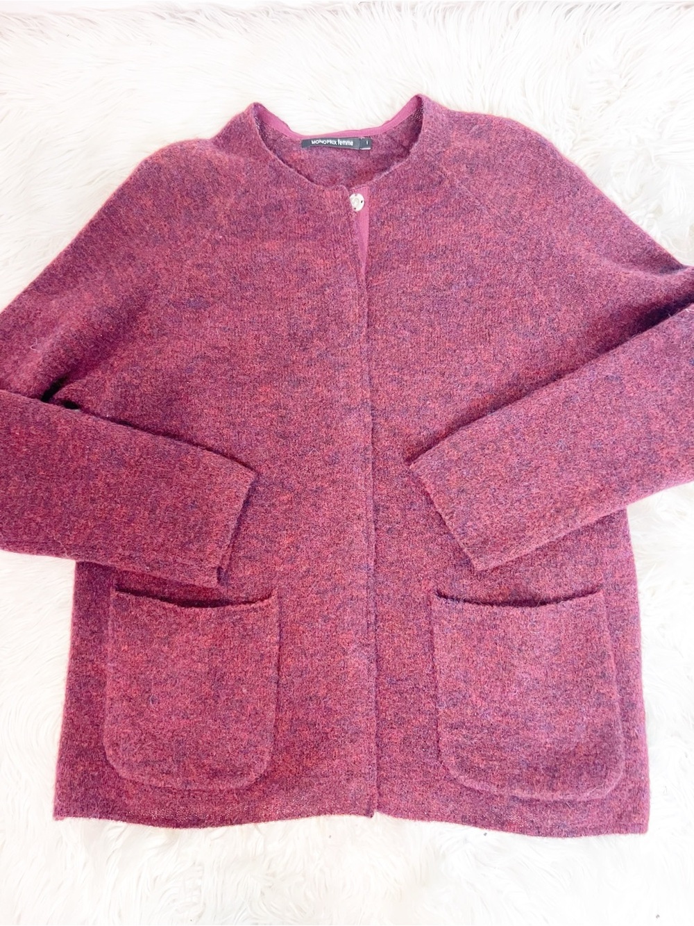 MONOPRIX FEMME BURGUNDY PURPLE SNAP FRONT LONG SLEEVE CARDIGAN SWEATER SZ SMALL